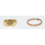 An 18ct gold signet ring with engraved initials to top, 2.3g, together with a 9ct gold ring, 1.2g