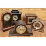 Five various wooden mantel clocks including an oak cased Art Deco example.