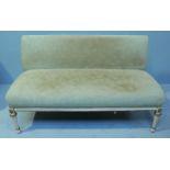 An Adam style sofa, with open ended sides, mint green fabric upholstery and raised on fluted and