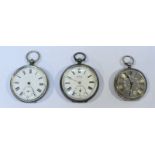 Three various silver pocket watches, two with white enamel dials, all three with Roman numerals