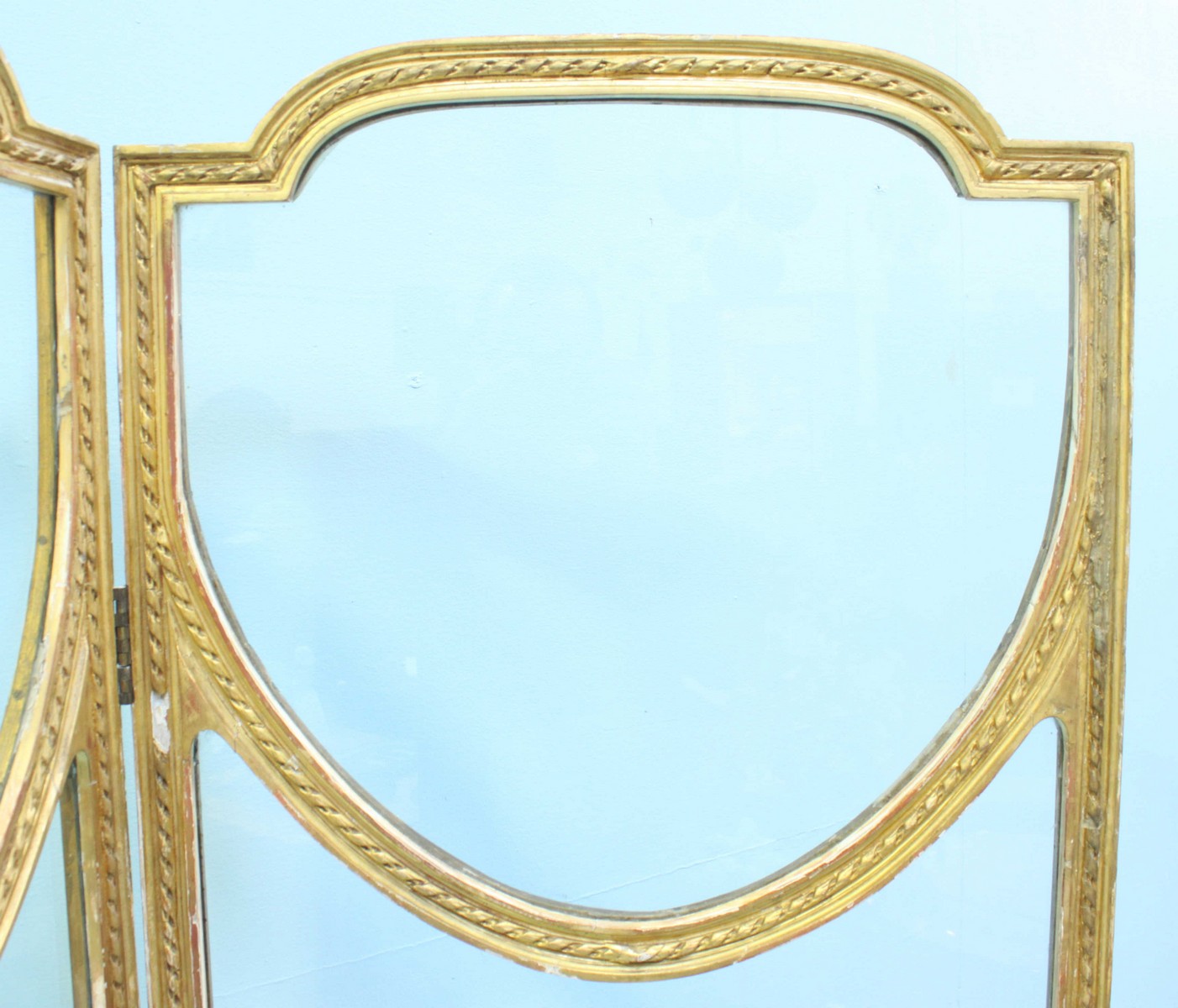 WITHDRAWN: A gilt painted wooden three fold dressing screen, each panel with clear glass. 178cm high - Image 3 of 3