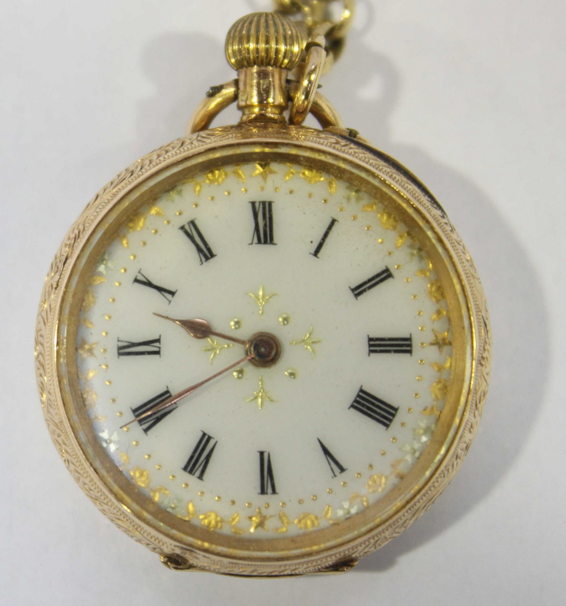 A 14k gold open face pocket watch, the white enamel dial with Roman numerals denoting hours and - Bild 2 aus 2