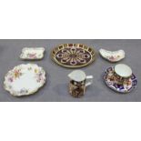 A group of 7 Royal Crown Derby ceramics, including an Imari dish, a tea cup, milk jug and saucer (