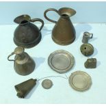 A quantity of assorted metalware items including copper haystack jugs, a variety of bells and pewter