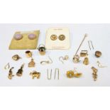 A selection of various small 9ct gold Jewellery, including novelty charms, such as a Cow, Iron and