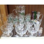 A 20th century Lemonade set of 6 glasses and pouring jug, together with a set of 6 sundae dishes,