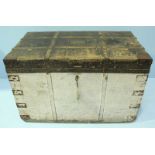 A large metal bound, wooden Naval officers trunk, the hinged top opening to reveal a fully fitted