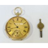 A 14k gold open face pocket watch, the gold dial with Roman numerals denoting hours and subsidiary