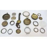 A selection of various Silver and white metal Pocket watch and Wristwatch cases and parts, including