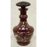 A 19th century Flashed-Ruby glass decanter of baluster form, etched and engraved decoration of a