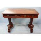 A 19th century mahogany side table, with two frieze drawers and raise on trestle supports to