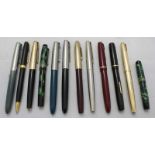 A collection of twelve various fountain pens, comprising of 'Parker 51's,' a 'Parker 61' a 'Swan