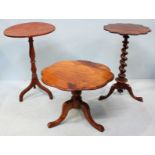 Three various occasional tables including a mahogany example with shaped top and raised on a tapered
