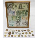 A framed collection of various bank notes, including British £1, £5, £10 and £20 and a USA $1