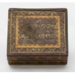 A Tunbridge ware inlaid stamp box, the top reading "postage stamps" 4.2cm by 4cm