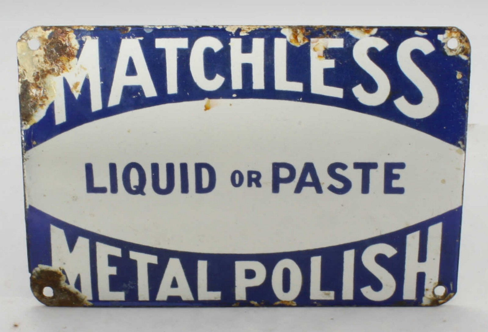 An enamel advertising sign for 'Matchless Metal Polish.' 15.5 x 23cm.