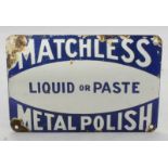 An enamel advertising sign for 'Matchless Metal Polish.' 15.5 x 23cm.