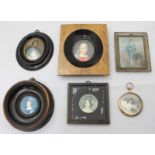 Six various portrait miniatures including a painted copy of Gainsborough's 'Blue Boy,' another of