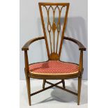 An Edwardian inlaid mahogany parlour chair, the tapering back with cross-banding and pierced and