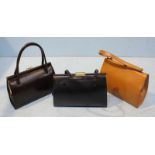 A vintage tan leather handbag by 'Ackery' of London, together with two various black leather