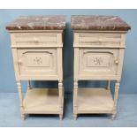 A pair of painted French bedside tables, both with marble tops and single drawer, above a single