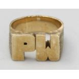A 9ct gold bark effect ring with 'PW' to top, total weight 12.8g