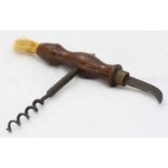 A late 19th Century triple-tooled corkscrew, with turned wooden handle, worm, foil cutter and