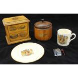 A small, Mauchline ware chest of two drawers, together with a wooden tobacco pot, a Ronson '