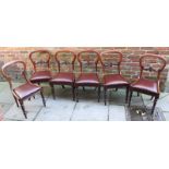 A set of six Victorian mahogany balloon back standard chairs, the drop in seats with brown leather