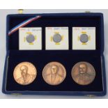 A cased set of three bronze medallions commemorating the centenary of 'The War of the Pacific,'