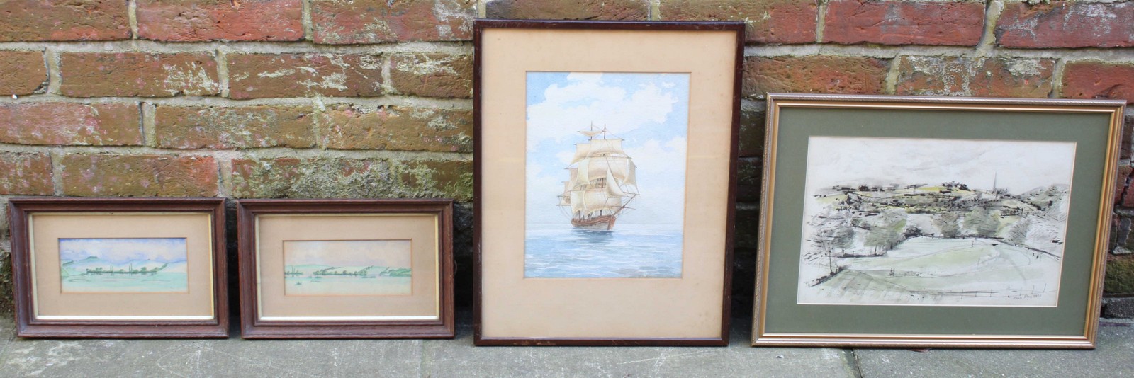 Four various watercolour paintings including an E.L. Banwell seascape study depicting a tall ship in