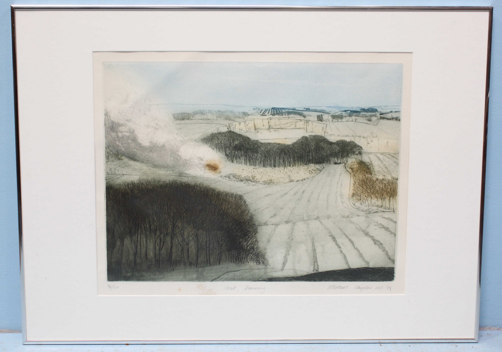 Michael Chaplin (20th C), 'Wood Burning,' landscape with wood fire, aquatint, limited edition 96/