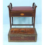 An Edwardian Piano stool with Rexine cover, together with a Mahogany writing slope with pierced