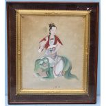 A painting depicting an Oriental lady seated upon a Fo Dog, character marks, Watercolour and