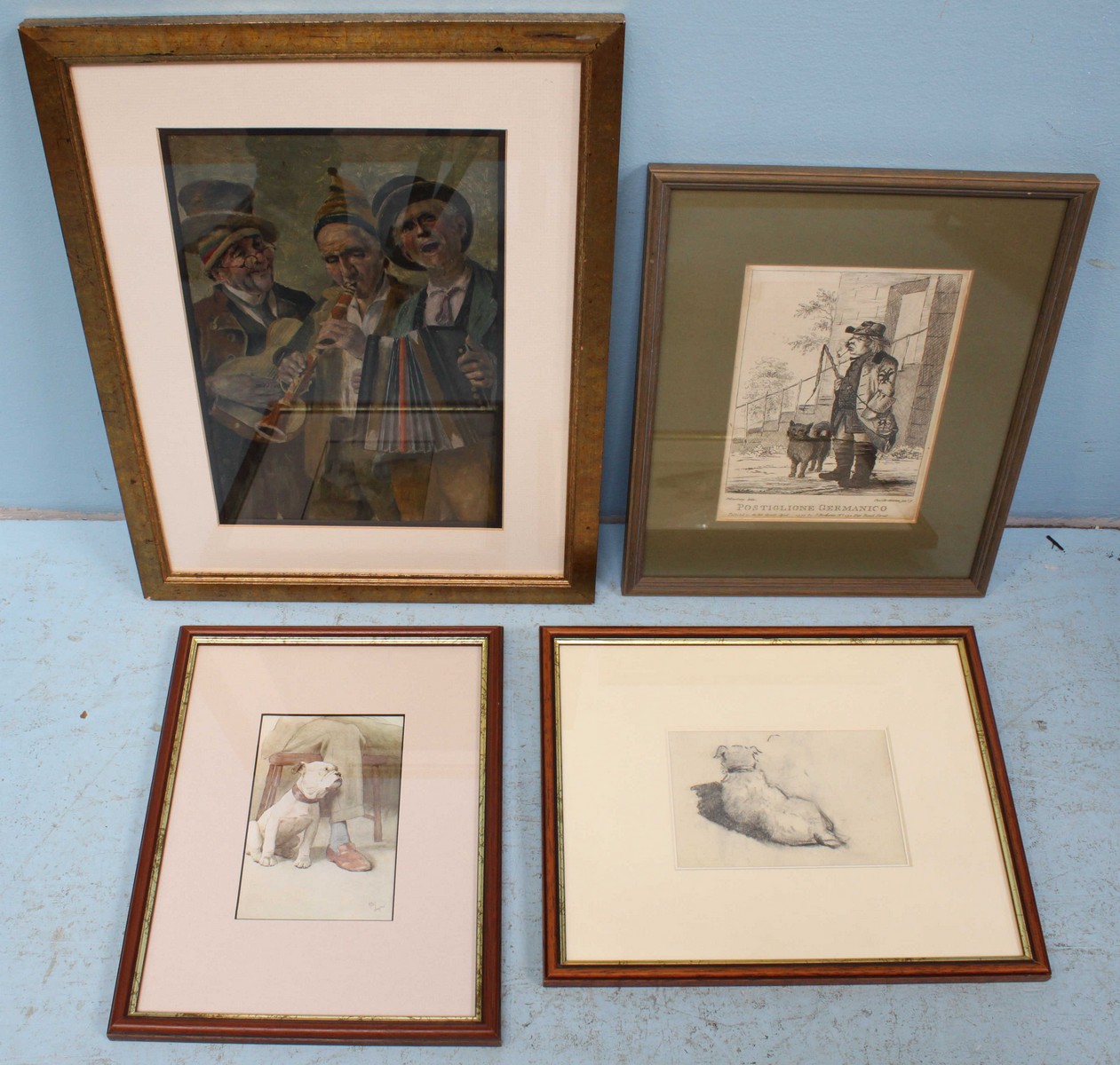 Four various prints including an over-painted print of a folk band, two prints of dogs, one after