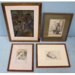 Four various prints including an over-painted print of a folk band, two prints of dogs, one after