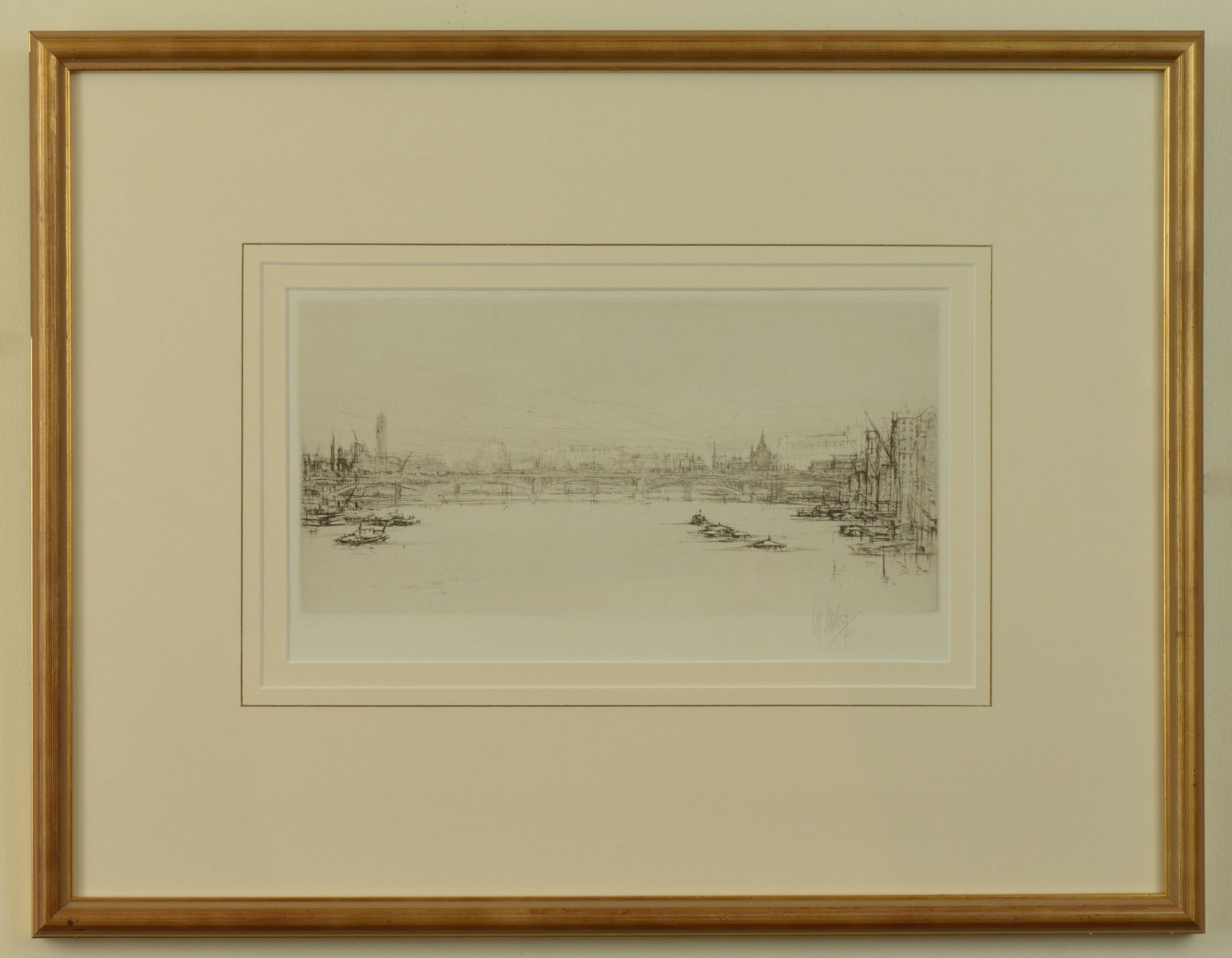 William Walcot RE (1874-1943), On the Thames, etching, signed in pencil, 14.5cm x 30cm, framed and