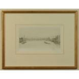 William Walcot RE (1874-1943), On the Thames, etching, signed in pencil, 14.5cm x 30cm, framed and