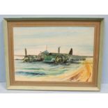 Tom Sutcliffe (20th Century) 'Pagham 1940' scene depicting a grounded 'Junkers JU 88' having been