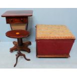 A 19th century mahogany footstool with fabric upholstery and tapestry top, together with a