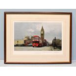 David Shepherd (b.1931) 'Westminster '66 - London's Red Buses' print, signed in pencil. 36 x 53cm.