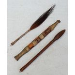 A tribal wooden knobkerrie club, together with a tribal sword in wooden sheath and a fly whisk (3)