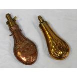 A 19th century Sykes Patent copper and brass powder flask, together with a brass Sykes Patent powder