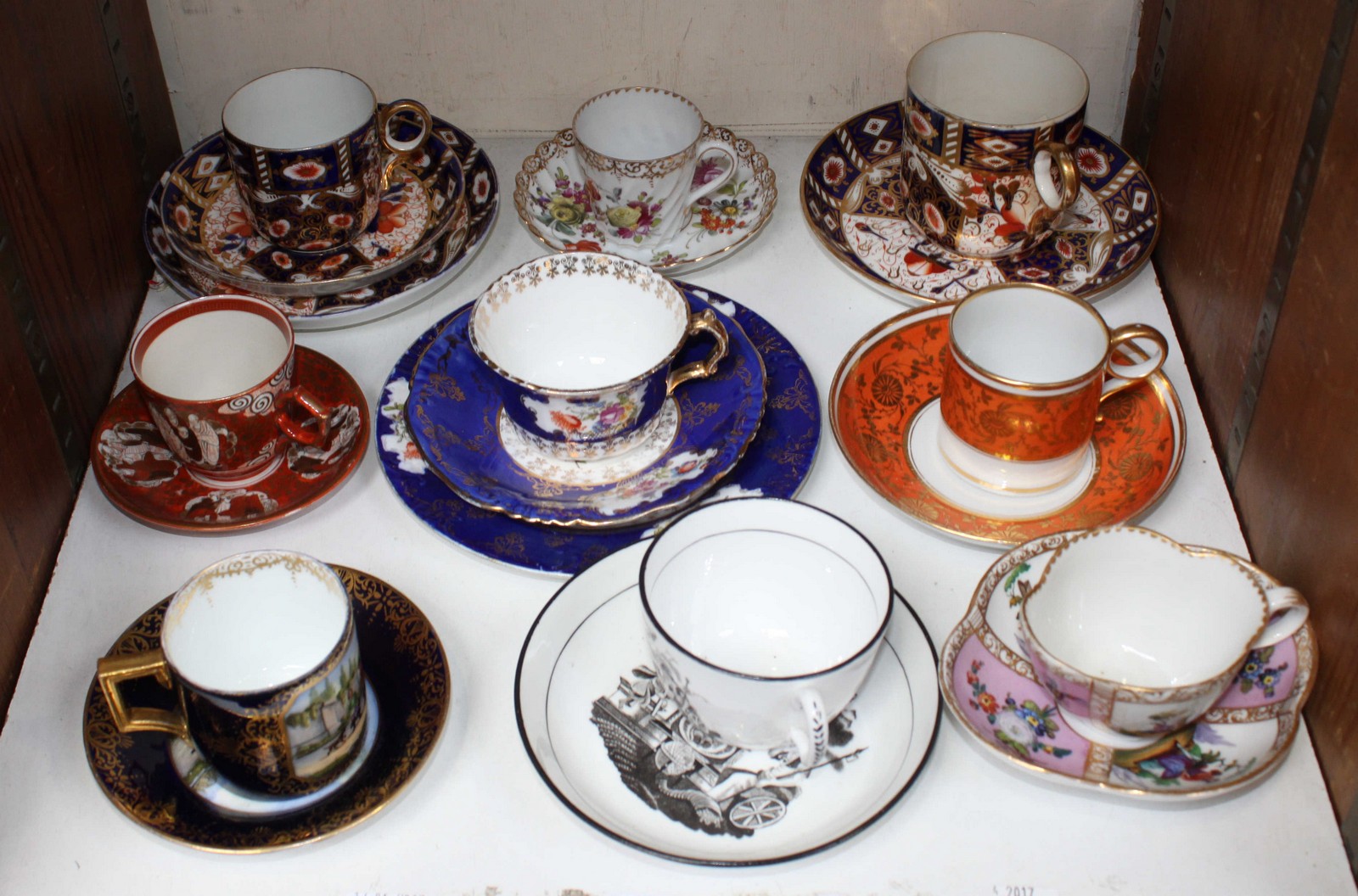 SECTION 23. Nine various porcelain cabinet cups & saucers, including Meissen, Dresden, Davenport