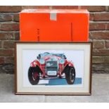 A set of eight framed prints of classic cars, including an Alfa Romeo and a Bentley among others,