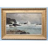 Late 19th / early 20th century School. Seascape with waves crashing along a rocky shore,