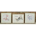 Two oriental paintings on silk, one depicting butterflies among flowers, the other with two birds on