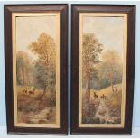 A pair of early 20th Century British School studies, depicting deer by a stream in a woodland
