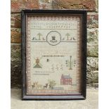 An Edwardian framed needlework sampler, worked in coloured silk thread with animals, figures,