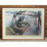 David Shepherd (b.1931) 'Over the Forth' steam engine crossing a bridge. Signed, limited edition